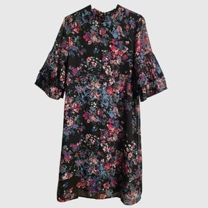 NM Neiman Marcus Midi Shift Dress Size 10 Black Multi Floral Pleated Whimsical